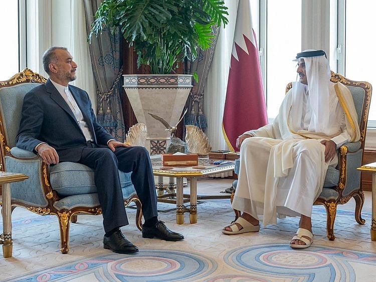  Qatar's Emir Sheikh Tamim bin Hamad Al Thani meets Iran's Foreign Minister Hossein Amirabdollahian in Doha on October 15, 2023.