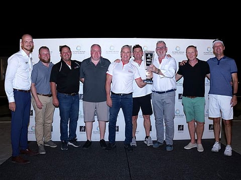Jumeirah Golf Estates Corporate Invitational Winners Photo Team Mapei with Adam Stastny (left) JGE Assistant Golf Services Manager