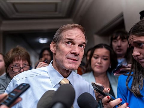 Rep. Jim Jordan, R-Ohio, chairman of the House Judiciary Committee and a staunch ally of former President Donald Trump, talks with reporters at the Capitol in Washington, Friday, Oct. 13, 2023. 