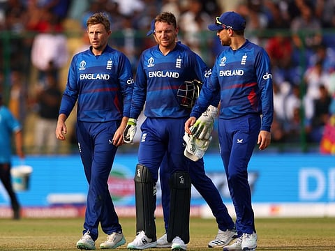 England players celebrate after dismissing Afghanistan's Hashmatullah Shahidi during their World Cup match on Sunday,