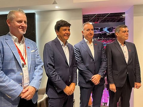 Salvador Anglada, CEO, e& enterprise; Alberto Araque, CEO, e& enterprise IoT & AI; Miguel Angel Villalonga, CEO, e& enterprise Cloud; and Stephan Berner, CEO, HelpAG; at Gitex Global 2023 on Tuesday.