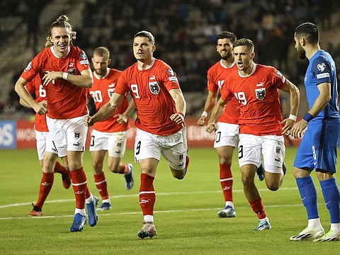Austria's Marcel Sabitzer celebrates scoring their first goal in the Euro 2024 qualifier against Azerbaijan on Monday.