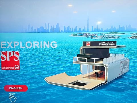Photo of an interface at the Dubai Police stand at Gitex tech show in Dubai showing a rendering of the floating police station 
