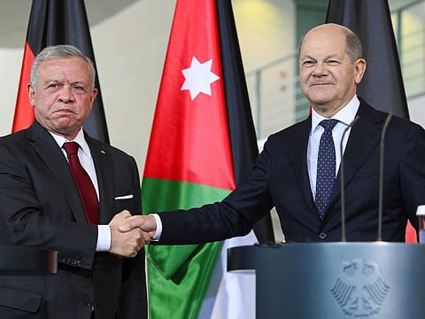German Chancellor Olaf Scholz and Jordan's King Abdullah II at a press conference, at the Chancellery in Berlin on October 17, 2023.  