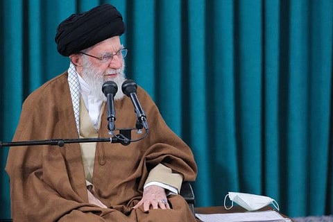 A handout picture provided by the office of Iran's Supreme Leader Ayatollah Ali Khamenei on October 17, 2023, shows him speaking during a meeting in the capital Tehran. 