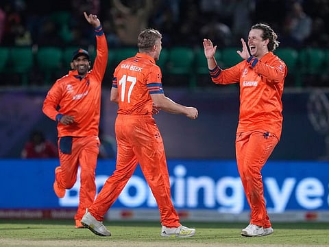 Netherlands’ players celebrate after Logan van Beek dismissed South Africa's David Miller in the ICC Men's Cricket World Cup 2023, at Himachal Pradesh Cricket Association Stadium, in Dharamsala on October 17, 2023. Van Beek’s three-wicket haul broke the back of South Africa and set up the Dutch’s third win in World Cup history. 