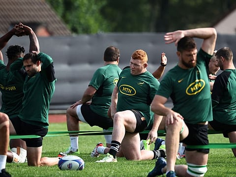 South Africa's prop Steven Kitshoff (centre) takes part in a training session at Fauvettes Stadium, in Domont, north of Paris, on Tuesday.