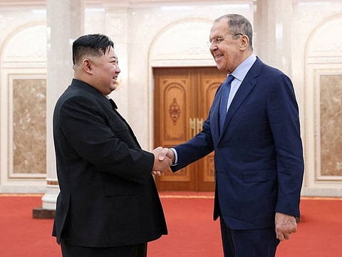 North Korean leader Kim Jong Un shakes hands with Russian Foreign Minister Sergei Lavrov during a meeting in Pyongyang, North Korea, October 19, 2023. 