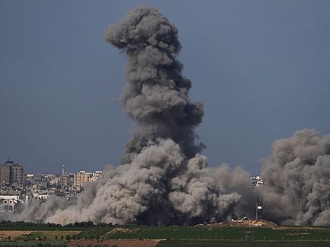 Smoke rises following an Israeli airstrike in the Gaza Strip, as seen from southern Israel, on Friday, October 20, 2023. 