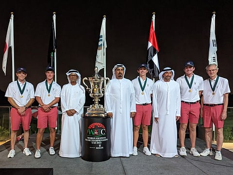 Team USA alongside H.E. Shaikh Fahim Bin Sultan Al Qasimi, Chairaman of the Emirates Golf Federation, H.E. Sheikh Suhail Bin Butti Suhail Al Maktoum, Executive Director of the Sports Development Sector at the General Authority of Sports