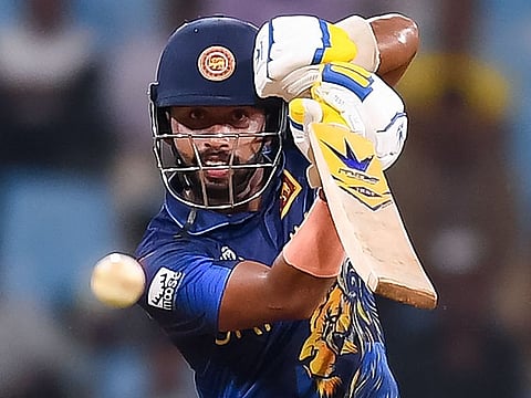 Sri Lanka's Sadeera Samarawickrama plays a shot during the 2023 ICC Men's Cricket World Cup ODI match against Netherlands at the Ekana Cricket Stadium in Lucknow on October 21, 2023. 