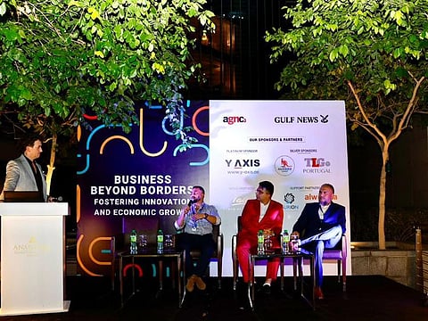 Ryan Aizaz Ul Ghani, Head of Operations, Middle East, Aussizz Migration & Education Consultants, Rahim Lakhani, President & CEO, The Lakhani Group, and Hamid Javadi, Director, Y-Axis Canada, at a session on ‘Business beyond border: Fostering innovation and economic growth’, during Gulf News Immigration & Citizenship Exhibition(GNICE) 2023 at Anantara Downtown Dubai 