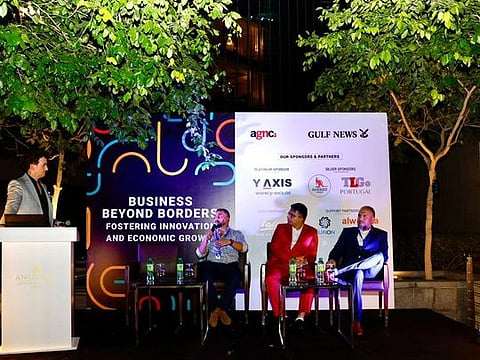 Ryan Aizaz Ul Ghani, Head of Operations, Middle East, Aussizz Migration & Education Consultants, Rahim Lakhani, President & CEO, The Lakhani Group, and Hamid Javadi, Director, Y-Axis Canada, at a session on ‘Business beyond border: Fostering innovation and economic growth’, during Gulf News Immigration & Citizenship Exhibition(GNICE) 2023 at Anantara Downtown Dubai 