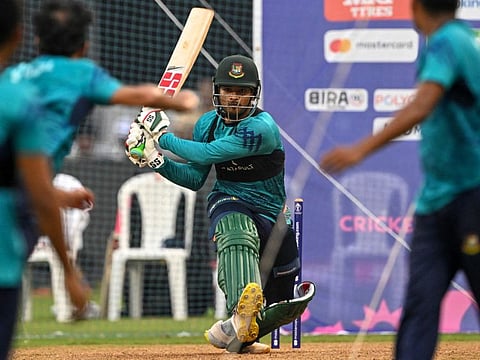 Bangladesh's Najmul Hossain Shanto bats during a practice session at the Wankhade Stadium in Mumbai on Monday.