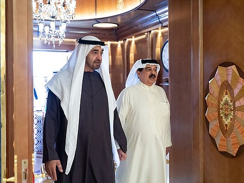 President His Highness Sheikh Mohamed bin Zayed Al Nahyan (left) with His Majesty King Hamad bin Isa Al Khalifa of the Kingdom of Bahrain at his residence in Abu Dhabi