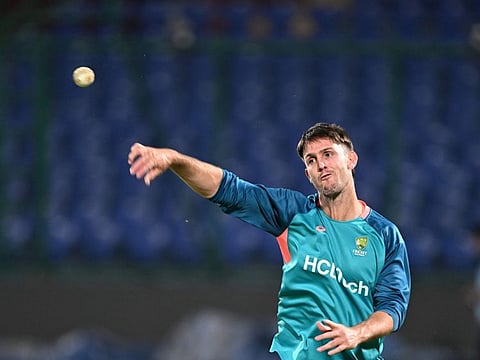Australia's Mitchell Marsh during a practice session ahead of their World Cup match against Netherlands at the Arun Jaitley Stadium in New Delhi on Tuesday.