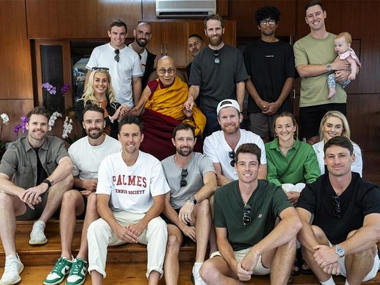 The New Zealand team members pose with Dalai Lama at his residence in McLeodganj. 