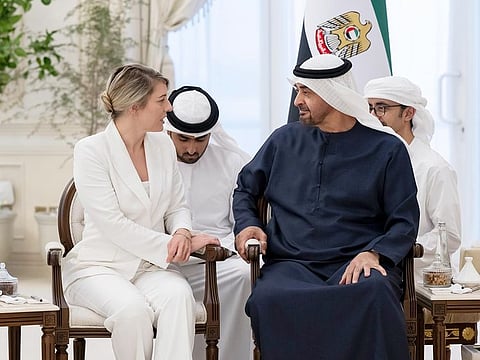 UAE President His Highness Sheikh Mohamed bin Zayed Al Nahyan meets with Melanie Joly, Foreign Minister of Canada, at Qasr Al Bahr in Abu Dhabi.  
