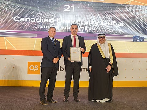 (From right to left) Dr. Mohammed Bin Mubarak Juma, the Minister of Education and Chairman of the Higher Education Council (HEC) Board of Trustees in the Kingdom of Bahrain; Prof. Karim Chelli, President & Vice-Chancellor, Canadian University Dubai; and Nunzio Quacquarelli, the Founder, President, and Chairman of the Board of Quacquarelli Symonds (QS)