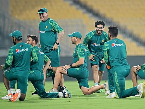Pakistan cricketers seen during a practice session ahead of their 2023 ICC Men's Cricket World Cup match against South Africa at the MA Chidambaram Stadium in Chennai on October 25, 2023.  