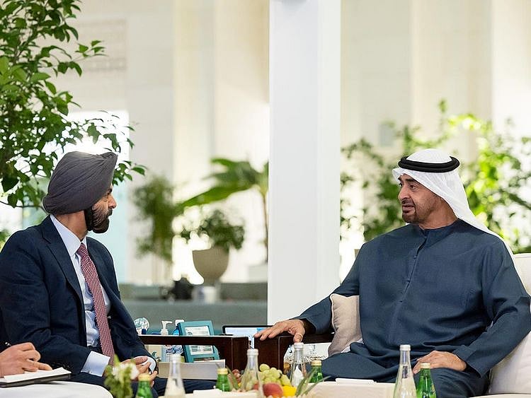 UAE President His Highness Sheikh Mohamed bin Zayed Al Nahyan (right), meets with Ajay Banga, President of the World Bank Group, at Qasr Al Shati Palace, in Abu Dhabi. 