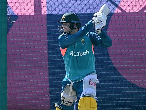 Australia’s Steve Smith bats in the nets during a practice session at the Himachal Pradesh Cricket Association Stadium in Dharamsala on October 27, 2023.  