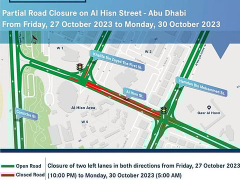 A map of the partial closure of Al Hisn Street.