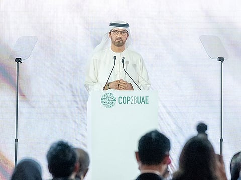 Dr Sultan bin Ahmed Al Jaber, Minister of Industry and Advanced Technology and COP28 President, addressing the opening session of the Pre-COP event in Abu Dhabi on Monday morning