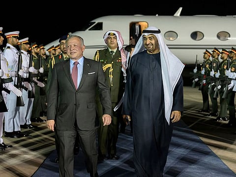 President His Highness Sheikh Mohamed bin Zayed Al Nahyan (right) receives His Majesty King Abdullah II, Kingdom of Jordan (left).