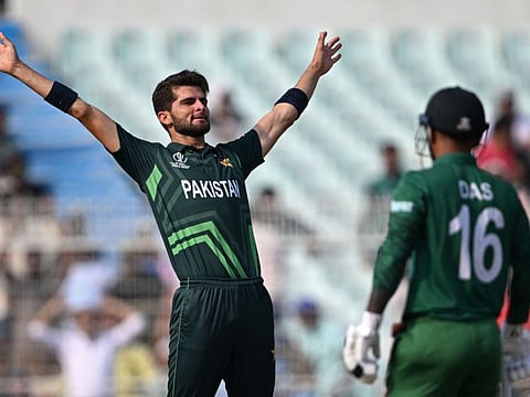 Pakistan's Shaheen Shah Afridi celebrates the wicket of Bangladesh's Tanzid Hasan during the World Cup match at the Eden Gardens in Kolkata on Tuesday.