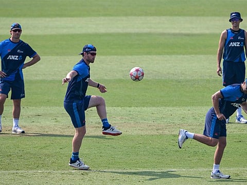 New Zealand's players attend a practice session on the eve of their World Cup match against South Africa at the Maharashtra Cricket Association Stadium in Pune on Tuesday.