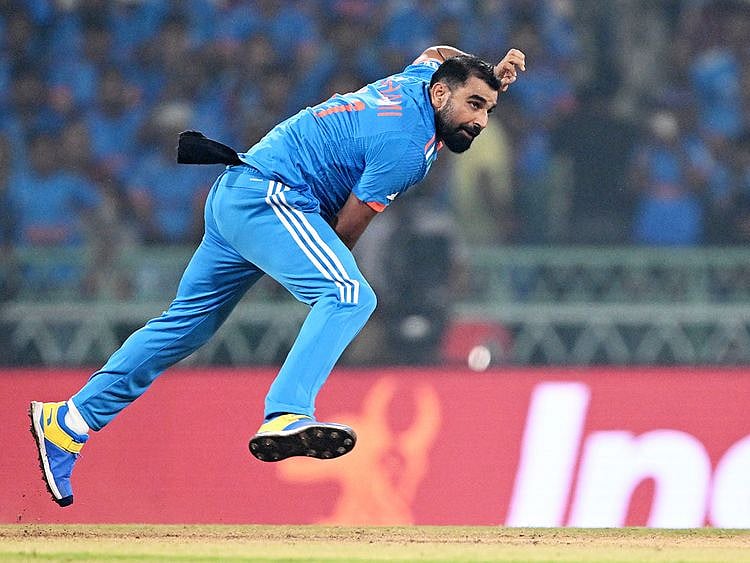 India's Mohammed Shami bowls 