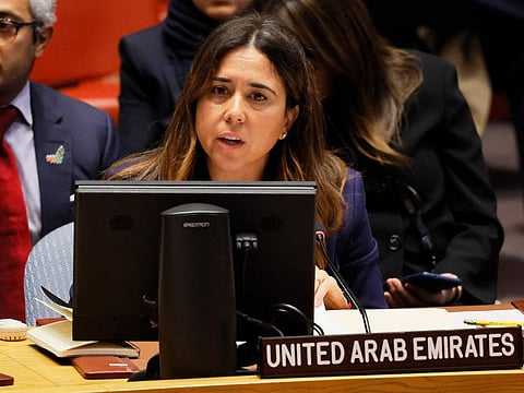 Nusseibeh  during a Security Council meeting on the Israel-Hamas war at United Nations headquarters on October 30, 2023 in New York City.  