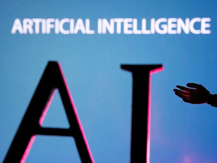 AI (Artificial Intelligence) letters and robot hand miniature in this illustration. 