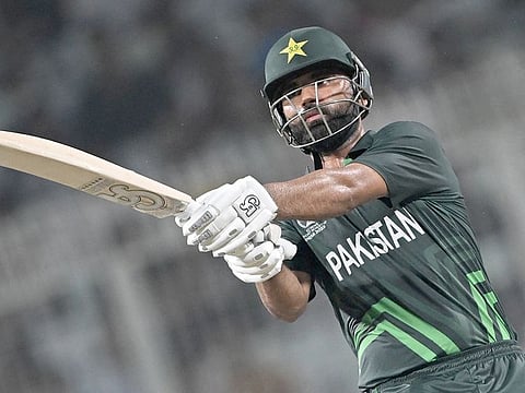 Pakistan's Fakhar Zaman plays a shot during the 2023 ICC Men's Cricket World Cup match against Bangladesh at the Eden Gardens in Kolkata on October 31, 2023.  
