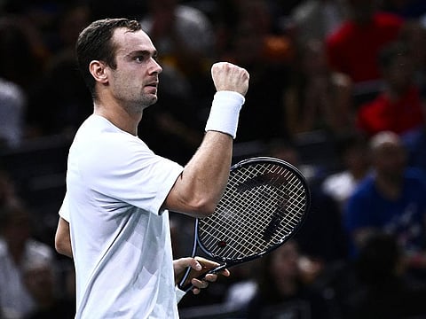 Roman Safiullin reacts after a point during his men's singles match against Spain's Carlos Alcaraz on day two of the Paris ATP Masters 1000 tennis tournament at the Accor Arena - Palais Omnisports de Paris-Bercy - in Paris on October 31, 2023.  