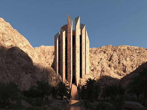 The planned Habitas Oasis resort shoots out of the ground in this rendering. The hotel in Leyja, part of Neom in Saudi Arabia, is expected to open in 2028.
