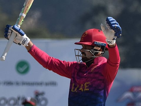 UAE all-rounder Basil Hameed celebrates after reaching his half-century against Hong Kong in Nepal on Thursday.