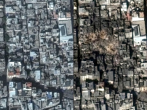 TOPSHOT - (COMBO) This combination of handout satellite images released by Maxar Technology and created on November 1, 2023, shows (L) an overview of the Jabalia refugee camp on October 31, 2023 and the destruction in the same camp after it was hit by an Israeli strike. Thousands of civilians, both Palestinians and Israelis, have died since October 7, 2023, after Palestinian Hamas militants based in the Gaza Strip entered southern Israel in an unprecedented attack triggering a war declared by Israel on Hamas with retaliatory bombings on Gaza. (Photo by Handout / Satellite image ©2023 Maxar Technologies / AFP) / RESTRICTED TO EDITORIAL USE - MANDATORY CREDIT "AFP PHOTO / Satellite image ©2023 Maxar Technologies" - NO MARKETING NO ADVERTISING CAMPAIGNS - DISTRIBUTED AS A SERVICE TO CLIENTS
RESTRICTED TO EDITORIAL USE - MANDATORY CREDIT "AFP PHOTO / Satellite image ©2023 Maxar Technologies" - NO MARKETING NO ADVERTISING CAMPAIGNS - DISTRIBUTED AS A SERVICE TO CLIENTS /