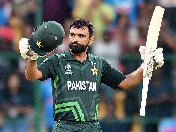 Pakistan's Fakhar Zaman celebrates after reaching his century.