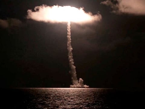 Russia's new nuclear-powered submarine Imperator Alexander III test launches the Bulava ballistic missile, designed to carry nuclear warheads, from the White Sea, in this image taken from video released November 5, 2023.  
