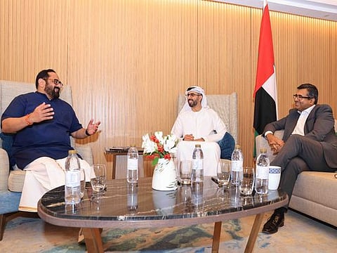 India's IT Minister Rajeev Chandrasekhar, UAE's Artificial Intelligence Minister Omar Sultan Al Olama and IGF CEO Manoj Ladwa (L-R)  