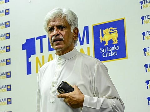 Former Sri Lanka skipper Arjuna Ranatunga reacts after a press conference at cricket board office in Colombo on Monday.
