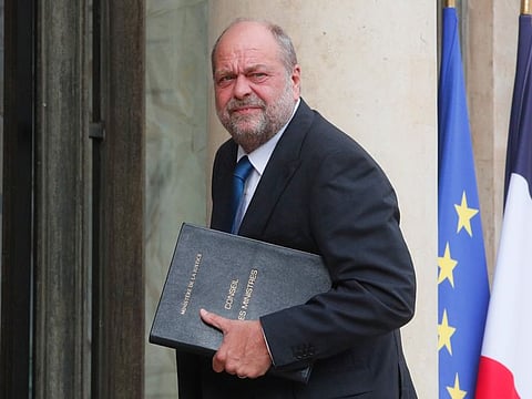 French Justice Minister Eric Dupond-Moretti arrives at the Elysee Palace for the fist cabinet meeting since French President Emmanuel Macron 's reelection, on May 23, 2022 in Paris. AP