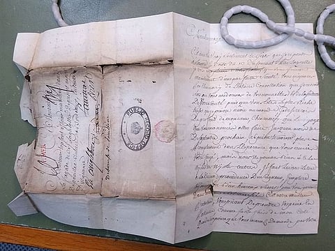 An undated handout photograph taken by The National Archives and released by the University of Cambridge on November 2, 2023 shows a love letter from Anne Le Cerf, aka Nanette, to her husband Jean Topsent. 