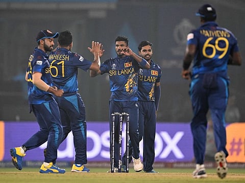 Sri Lanka's Dilshan Madushanka celebrates with teammates after taking the wicket of Bangladesh's Liton Das. Sri Lanka have not won the World Cup since 1996, with Ranasinghe blaming the board for the “deterioration” of standards.