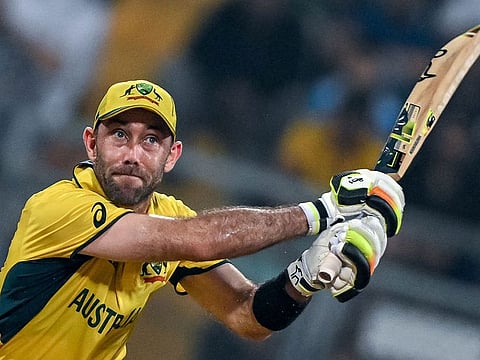 Australia's Glenn Maxwell plays a shot during the 2023 ICC Men's Cricket World Cup one-day international (ODI) match between Australia and Afghanistan at the Wankhede Stadium in Mumbai on November 7, 2023. (Photo by INDRANIL MUKHERJEE / AFP) / -- IMAGE RESTRICTED TO EDITORIAL USE - STRICTLY NO COMMERCIAL USE --