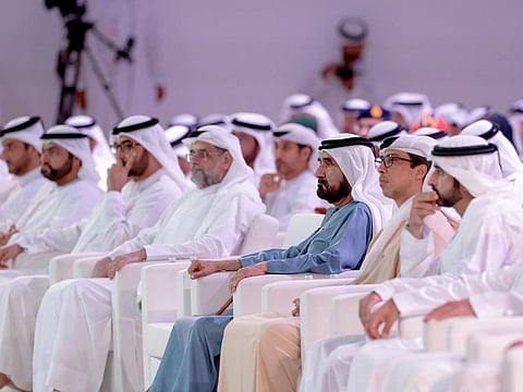 His Highness Sheikh Mohammed bin Rashid Al Maktoum (third from right), Vice President and Prime Minister of the UAE and Ruler of Dubai; Sheikh Mansour bin Zayed Al Nahyan (second from right), Vice President, Deputy Prime Minister and Chairman of the Presidential Court, and Crown Princes during the opening of the Meetings