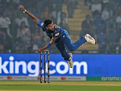 Sri Lanka's Dilshan Madushanka in action during their match against Bangladesh in the ICC Men's Cricket World Cup 2023, at Arun Jaitley Stadium in New Delhi on Monday. 