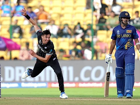 New Zealand's Trent Boult  bowls during the match against Sri Lanka in the World Cup at M.Chinnaswamy Stadium in Bengaluru on Thursday.